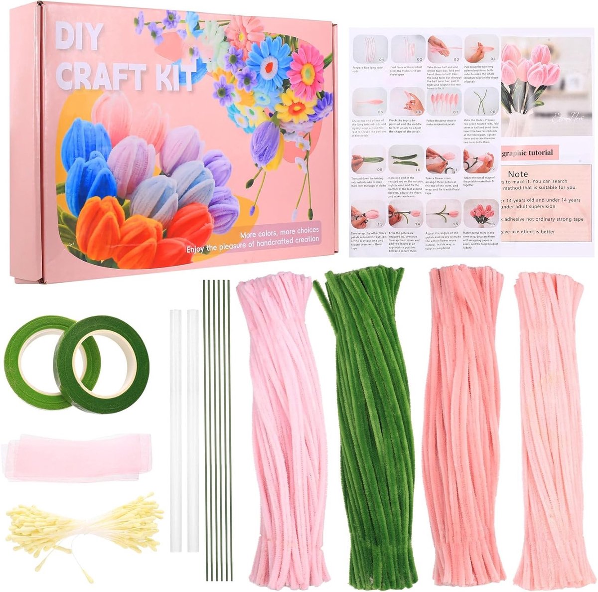 Pijpjes voor Creatieve Bloemen, 526 Stuks, 30 cm Pastel Chenille Stelen, Flexibele DIY Craft Materialen, Inclusief Groene Bloemstelen en Ribbons