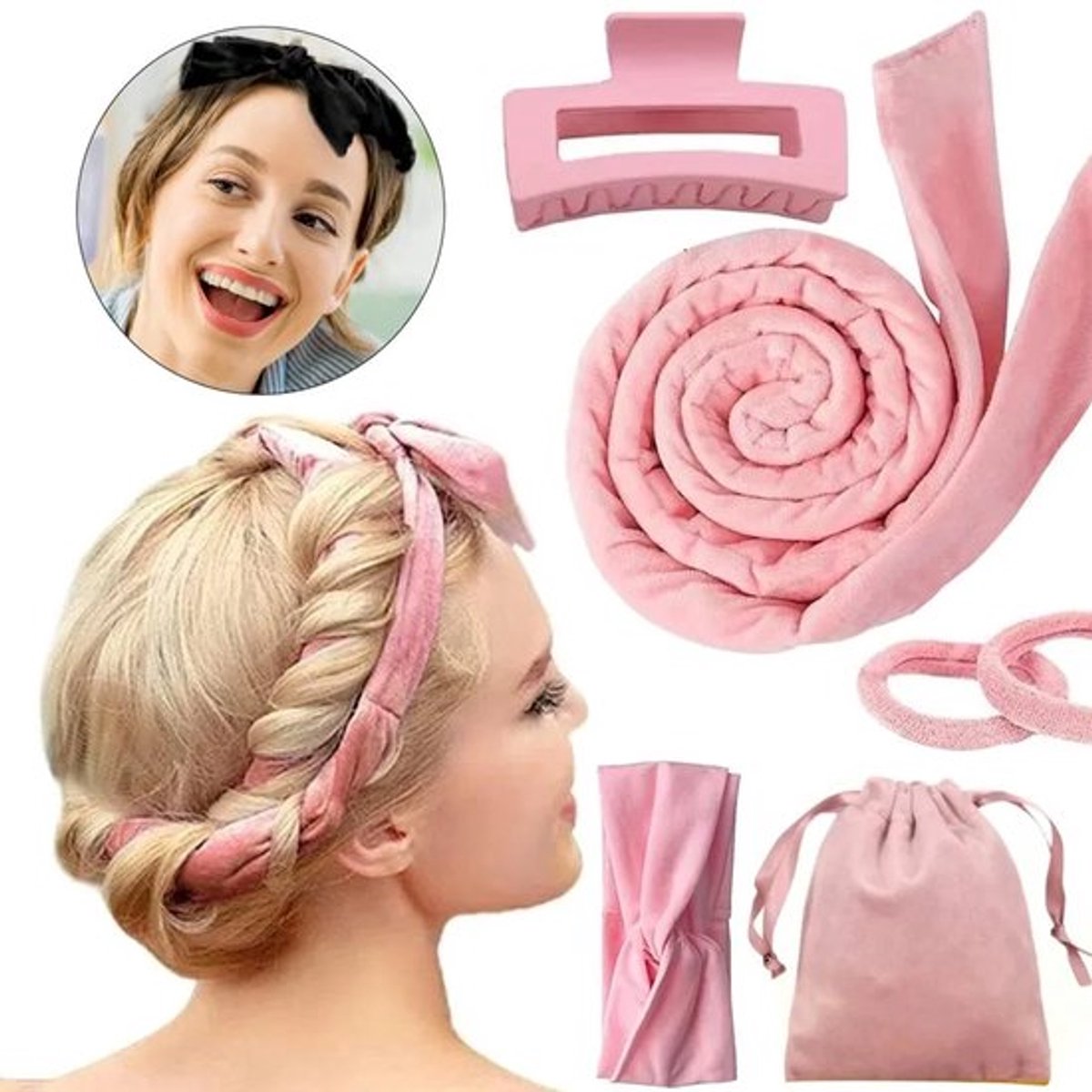 Krultang zonder verwarming, zelf te gebruiken krulband, haarclips, antislip, geschikt voor middellang tot lang haar, creëer golvende krullen in één nacht (3-delige set)