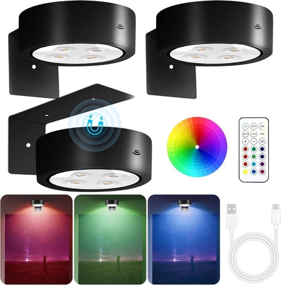 3 stuks plaatjeslamp, draadloze LED schilderijverlichting met afstandsbediening, dimbaar e