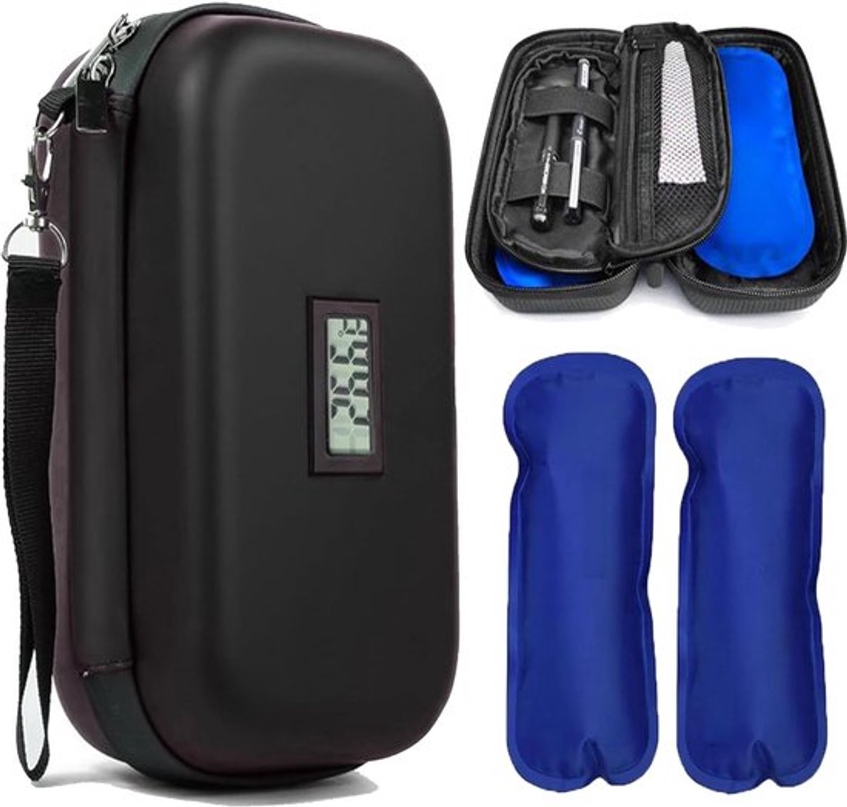 SUQ Insulin Cooler reisetui met temperatuurweergave, insulinepen-etui met 2 ijszakjes van nylon, kleine insuline reisetui, diabetische reistas, zwart
