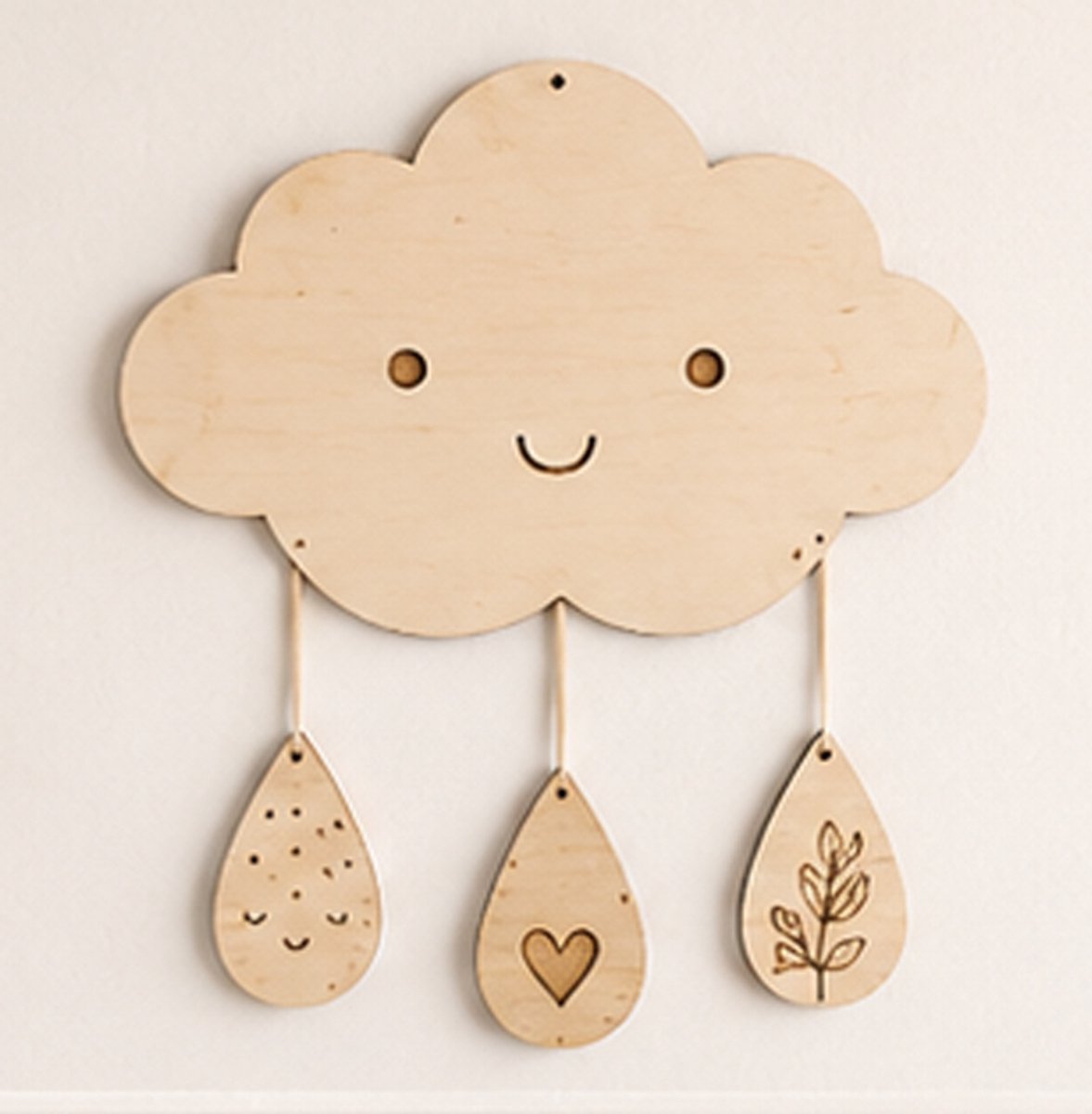 Houten Wolk Wanddecoratie Babykamer | Boho Kinderkamer Decoratie | Nursery Wall Decor | Baby Room Decor | Schattige Regendruppels