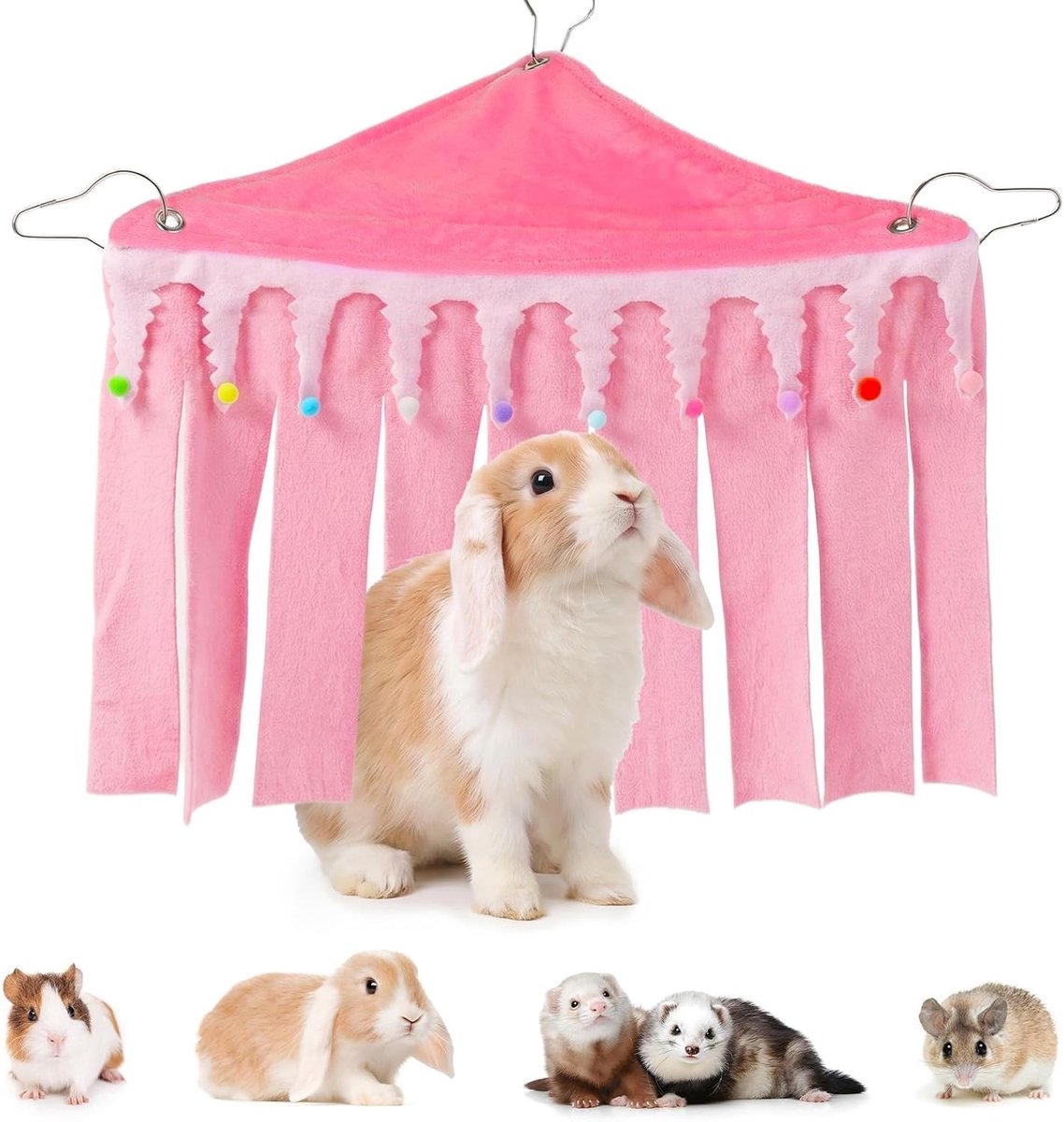 Huis voor Cavia's en Kleine Dieren, Driezijdige Hangmat met Franje, Ideaal voor Cavia's, Konijnen en Fretten, Comfortabele Schuilplek en Accessoires