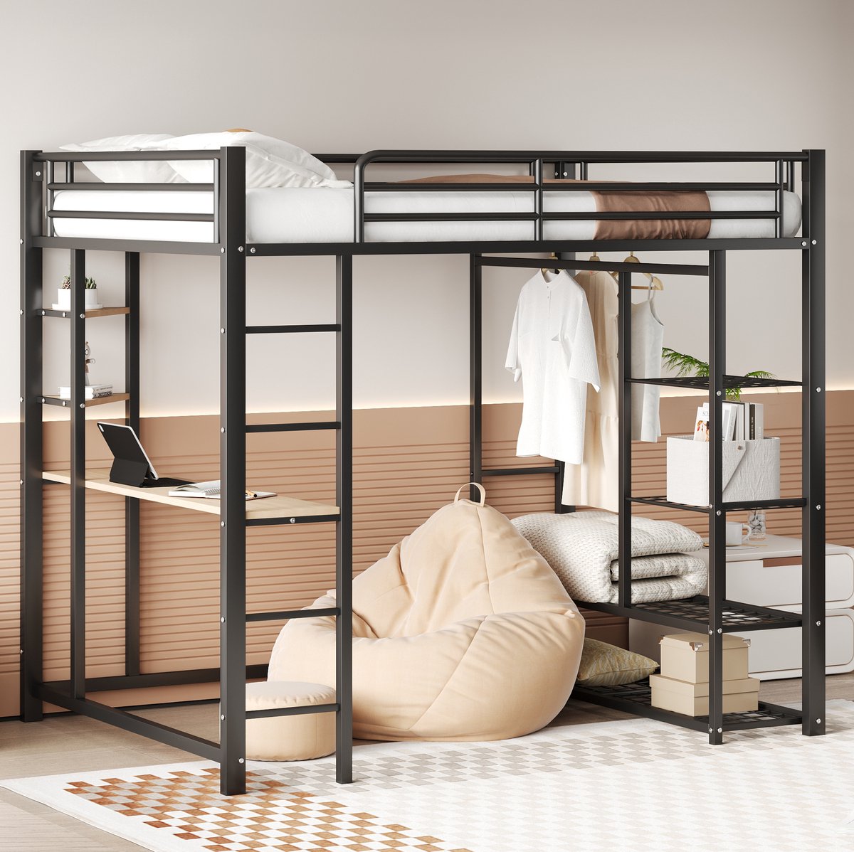 COVREO Hoogslaper van metaal met tafel – 204x145x180 cm – Bed met kast en legplank – voor slapen en leren – Zwart - zonder matras