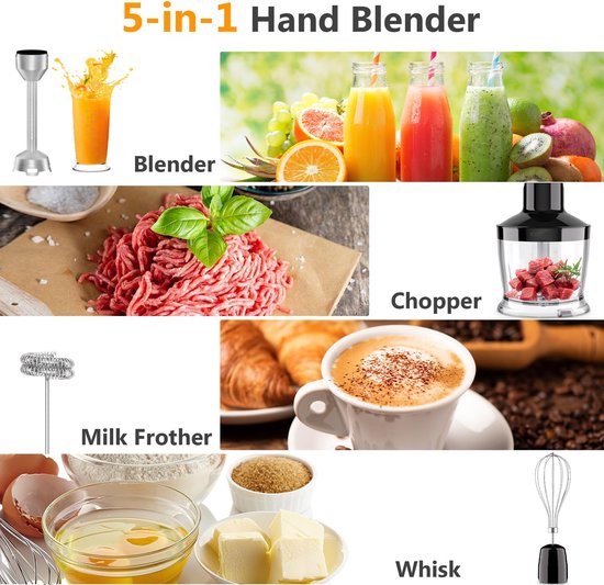 SnelShoppen - 5-in-1 Staafmixer Roestvrijstaal 1000W - Traploze Snelheidsregeling met Hakmolen, Garde, Maatbeker - Ideaal voor Babyvoeding, Sauzen en van Snelshoppen — afbeelding 2