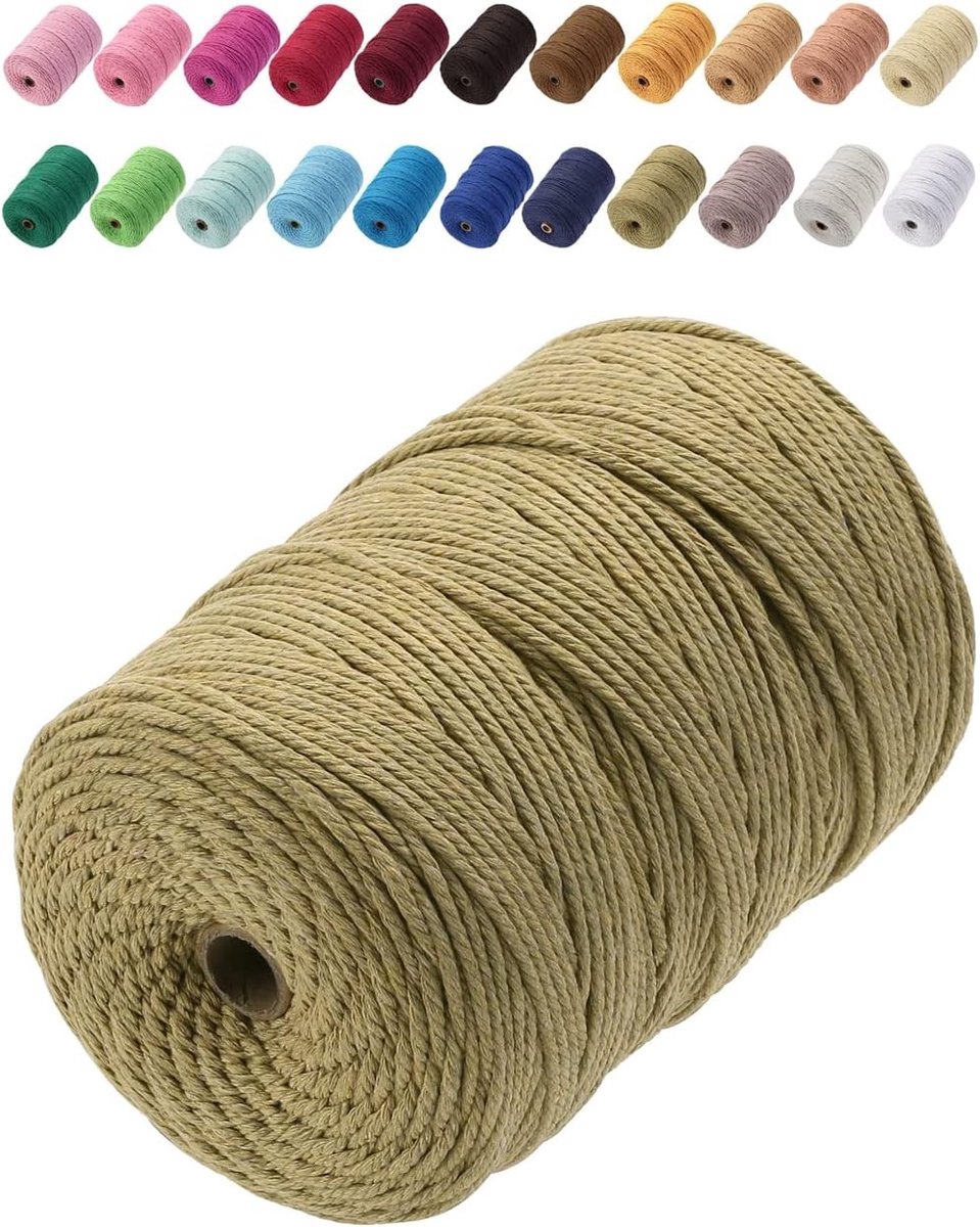 Premium Katoenen Macramé Touw 3 mm x 200 m - Zacht en Duurzaam, Perfect voor Macramé Projecten, Knopen en Creatieve Ambachten (Donker Khaki)