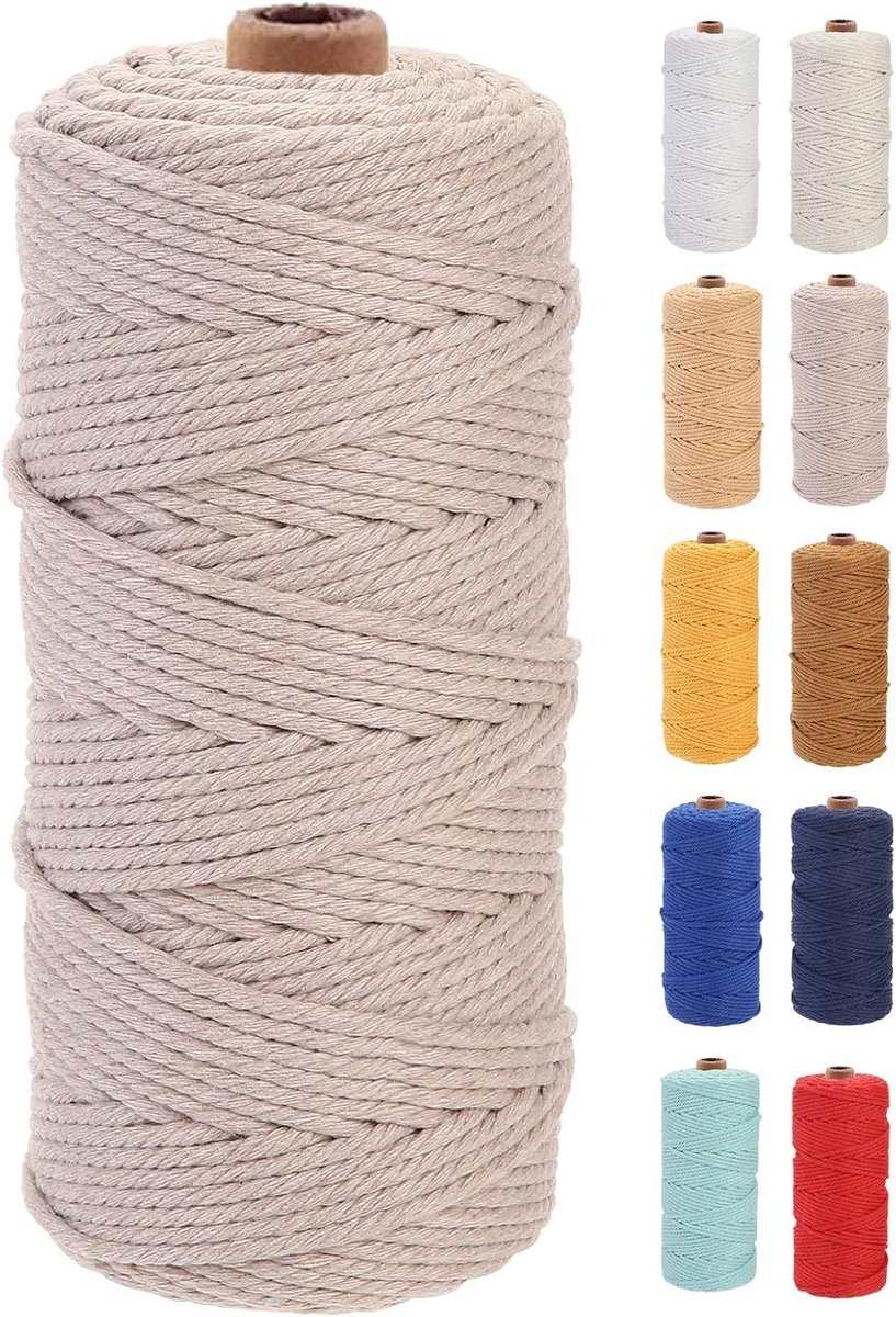 Premium Katoenen Macrame Touw 3mm x 100m, Zacht en Duurzaam, Ideaal voor Macrame Projecten en Creatieve Ambachten, Chemievrij en Milieuvriendelijk