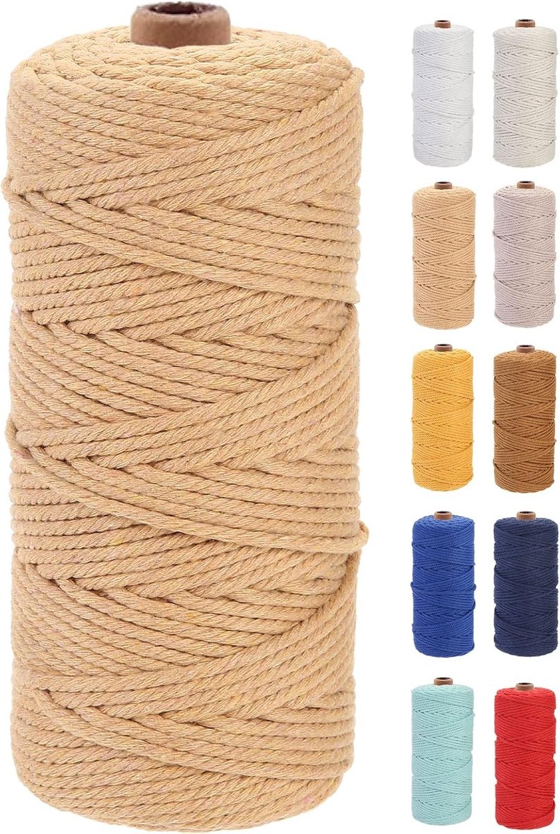Premium Katoenen Macramé Touw 3 mm x 100 m, Ideaal voor Macramé Projecten, Duurzaam en Zacht, Chemievrij en Milieuvriendelijk
