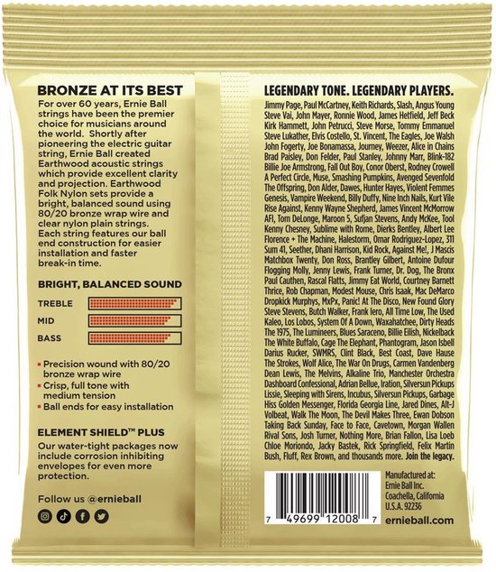 Ernie Ball "Bronze at its Best" verpakking voor akoestische gitaarsnaren, met de maten: Treble, Mid, Bass. "Element Shield" verpakking.