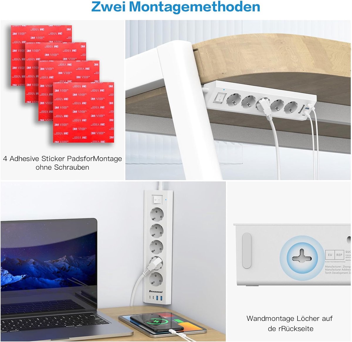 Thijox - Stekkerdoos met USB C, 5-poorts meervoudige stekkerstrip met 2 USB A en 2 USB C (5V 3,4A 17W), Hoekstekker met schakelaar en 2m kabel, voor K