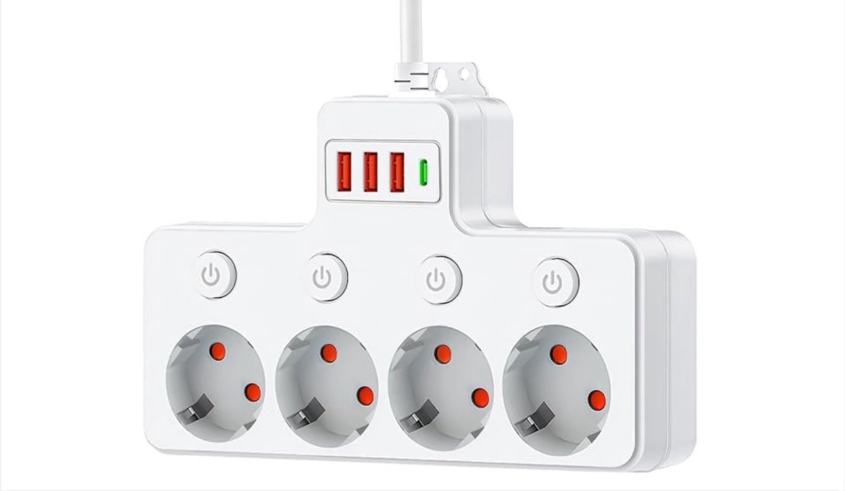 SnelShoppen - Power Strip met 4 Stopcontacten, 3 USB-poorten en 1 USB-C, Wandmontage, Enkel Schakelaar, Ideaal voor Thuis, Kantoor, Keuken, Badkamer e