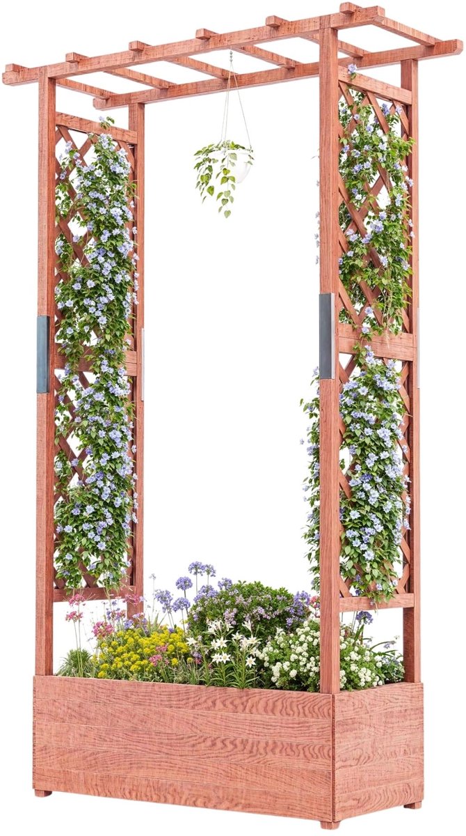 Verhoogde Plantenbak met Trellis - Met Klimrek, Luifel en Afwatering - voor tuin en balkon - 110x44x182 cm Hout - 200,5 x 44 x 113,5 cm 5 cm