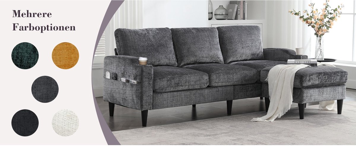 YYchan modulaire bank met hocker - grijs - 196,5 x 75 x 77 cm - met opbergruimte