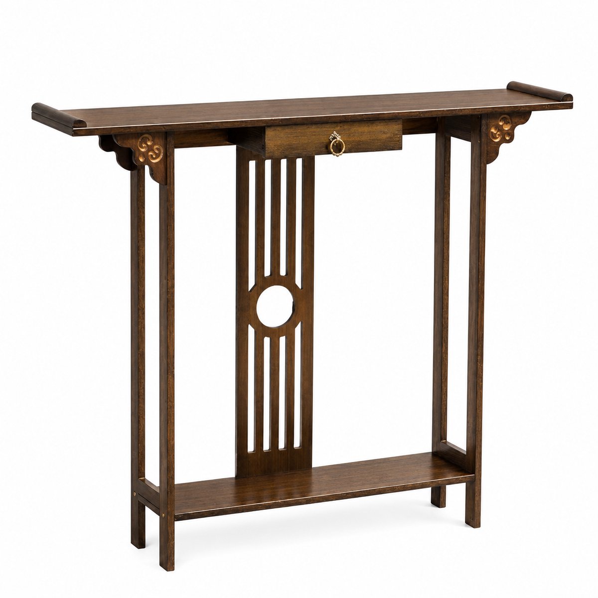 Home & Beyond® Vintage Consoletafel met Lade, Onderplank en Opengewerkt Paneel - Smalle Haltafel - Bruin - 81,5 x 31,2 x 82,8 cm