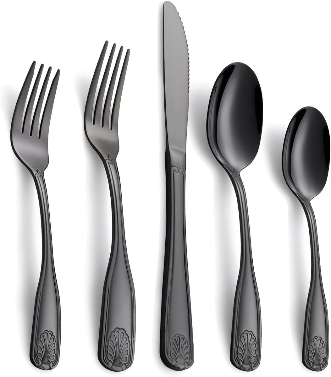 SnelShoppen - 20-delige Zwart Bestekset voor 4 Personen, 18/0 RVS Bestek met Schelpen Design, Vaatwasserbestendig Servies voor Diner, Feestdagen en Da
