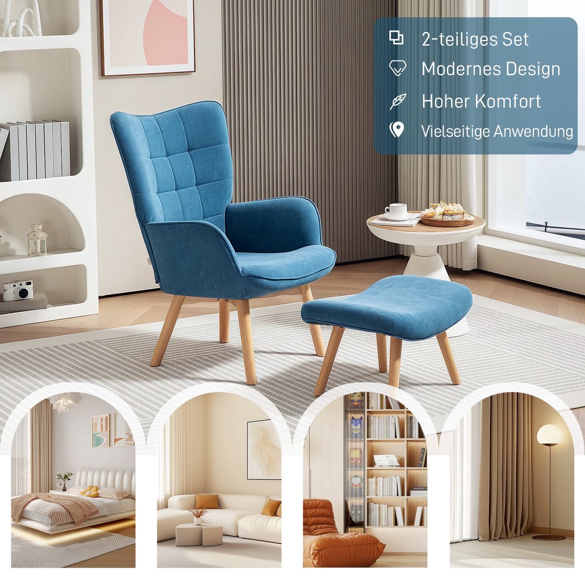YYchan fauteuil met voetenbank - blauw - 72 x 80 x 101 cm