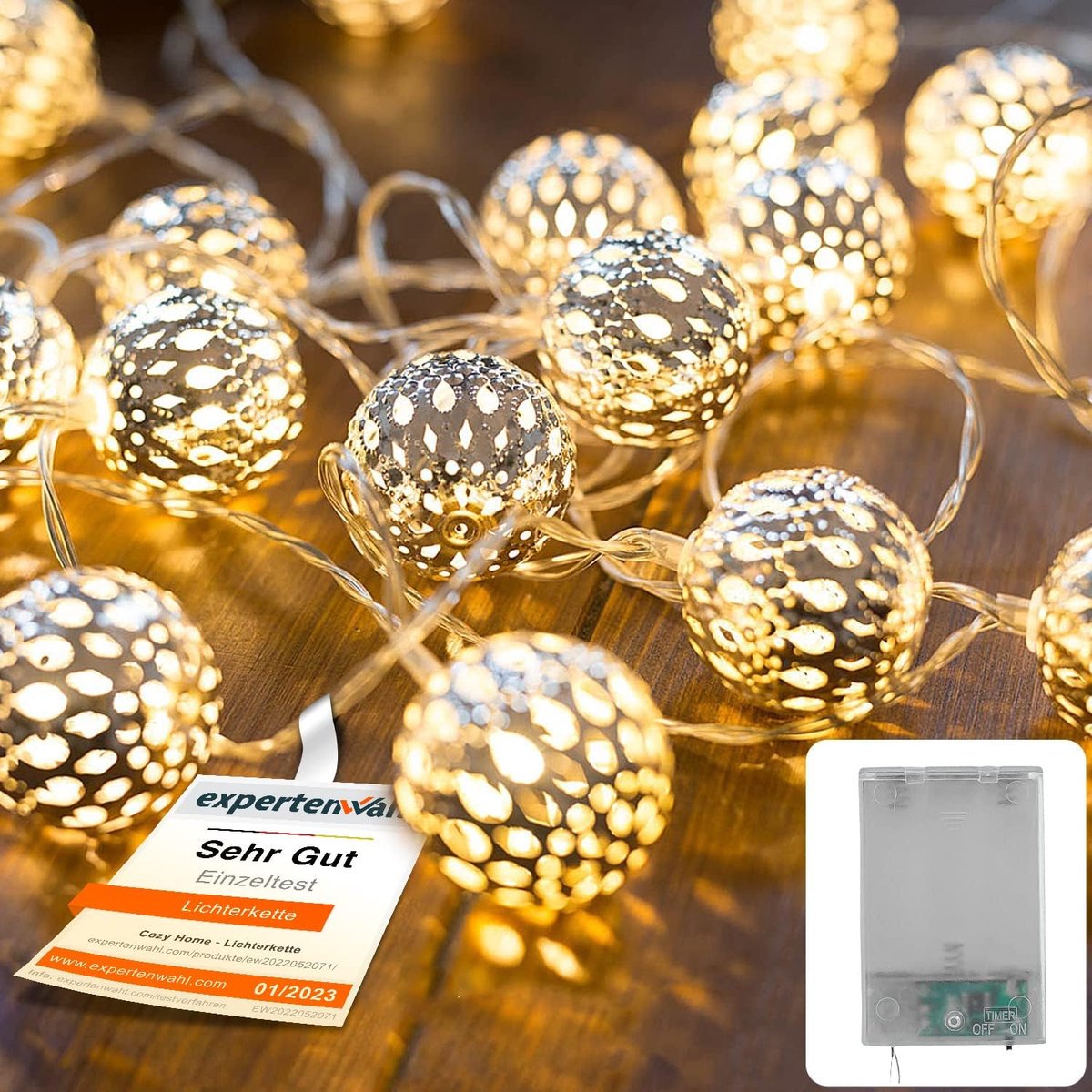 Thijox - CozyHome Led-lichtketting op batterijen 5 meter, 20 warmwitte LEDs, Oosterse zilveren decoratie voor binnen, romantisch minimalistisch design