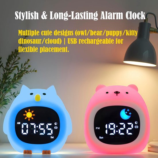 Alarm Clock with Night Light, Cute Cartoon Animal Shaped OK to Wake Clock with White Noise, Digital Display Electronic Clock, Litter Bear — afbeelding 4