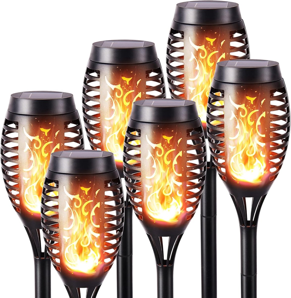Thijox - Geemoo Tuinfakkels op Zonne-Energie, 6 Stuks Zonne Fakkels met Realistisch Vlameffect, IP65 Waterdicht voor Buiten, Tuinverlichting, Achtertu