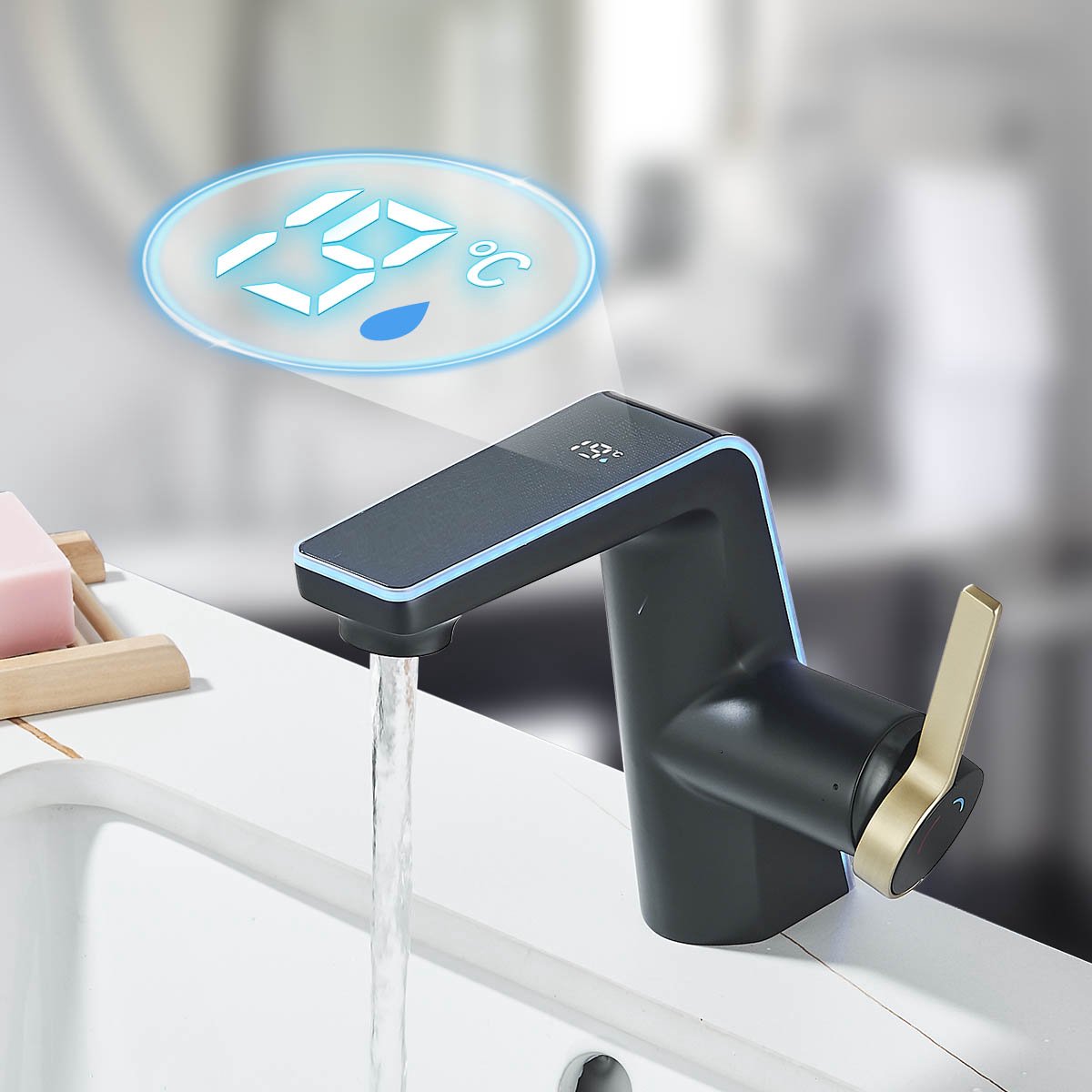Wastafelkraan Mat Zwart Goud met LED Temperatuur Display, Badkraan Koud/Warm Water Mengkraan Modern Sanitair
