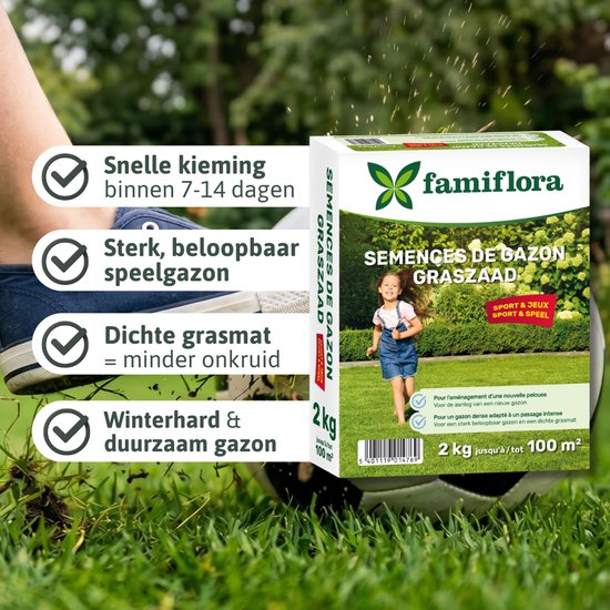 Pak graszaad met familiefolora logo, jong meisje rent over gras. Tekst: Snelle kieming binnen 7-14 dagen, Sterk, beloopbaar speelgazon, Dichte grasmaat = minder onkruid, Winterhard & duurzaam gazon.