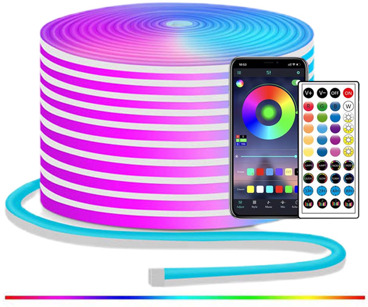 10M RGB LED neon touwverlichting LED neon stripverlichting met afstandsbediening/app-bediening IP65 24V waterdichte flexibele neon LED stripverlichting, led-verlichting voor slaapkamer en buitendecoratie.