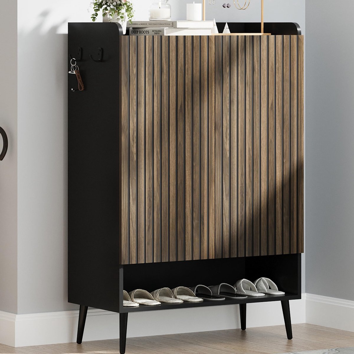 Schoenenkast Groot met 6 Lagen - 75x37x110cm - Schoenenrek - Schoenenmeubel Hout - 2 Deuren - Verstelbare Planken - Haken - Vrijstaand - Voor 18-24 Paar Schoenen - Hal En Entree - Zwart + Bruin