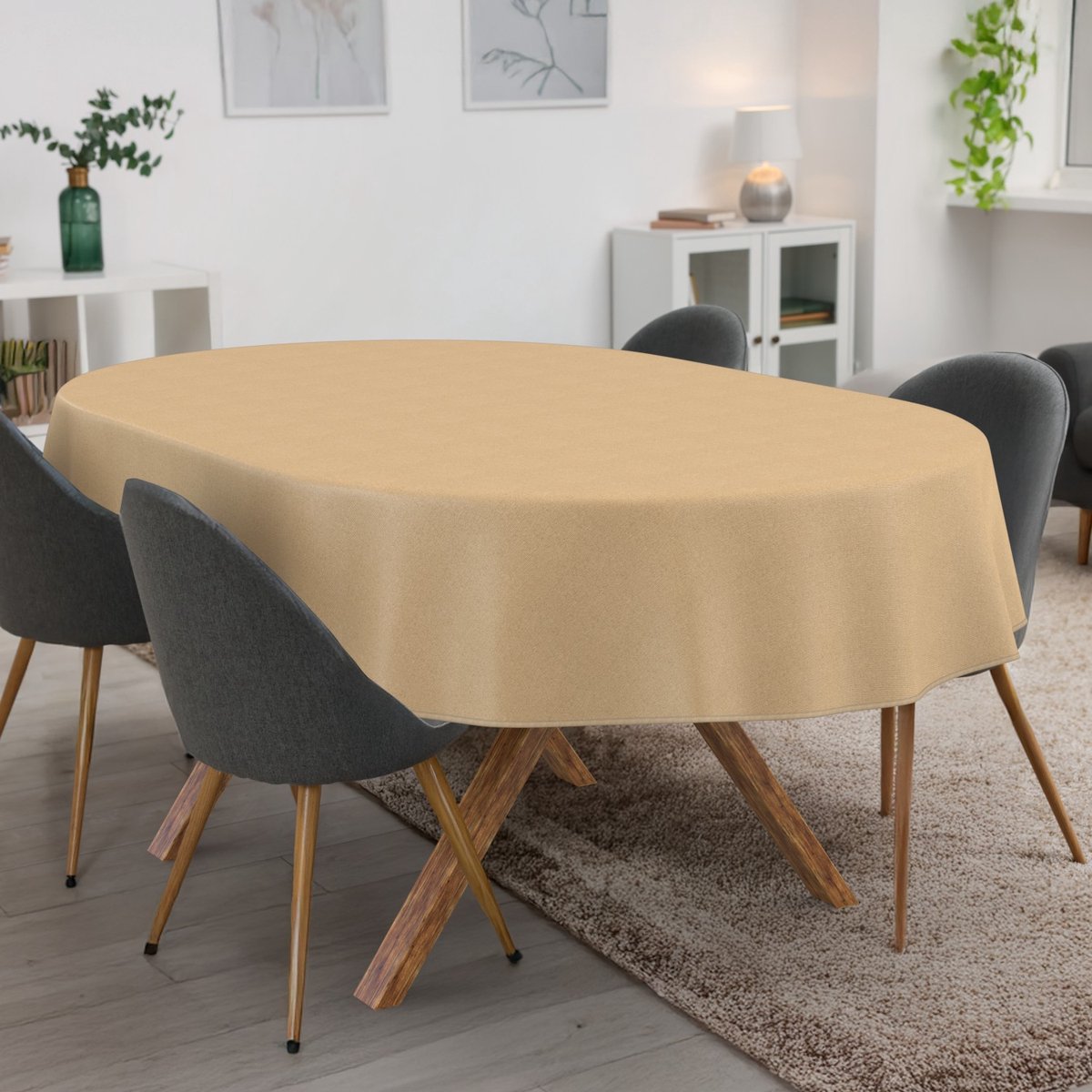ANRO Tafelkleed Effen linnenlook Beige Ovaal 260x140cm Met sierband Afwasbaar Waterafstotend