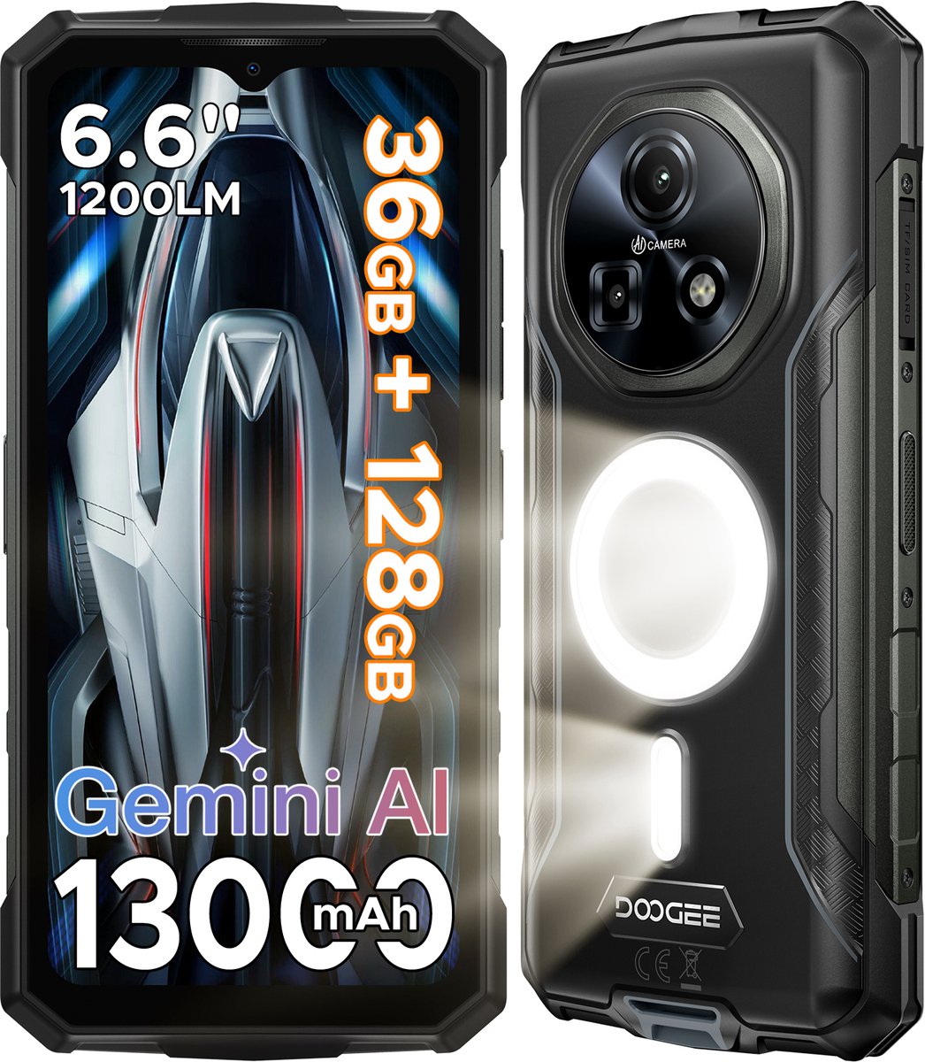 DOOGEE Fire 5 Ultra - Smartphone - Robuuste Smartphone - 36GB RAM + 128GB ROM/2TB TF - Android 16 - 13000mAh/18W - 6,6 inch 90Hz Scherm - IP68 Waterdicht - 1200LM Kampeerlamp - Gemini AI - NFC & GPS - Face ID - Grijs