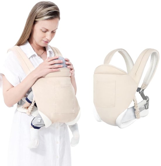 Beige draagzak gedragen door een vrouw, met een aparte weergave van de draagzak.