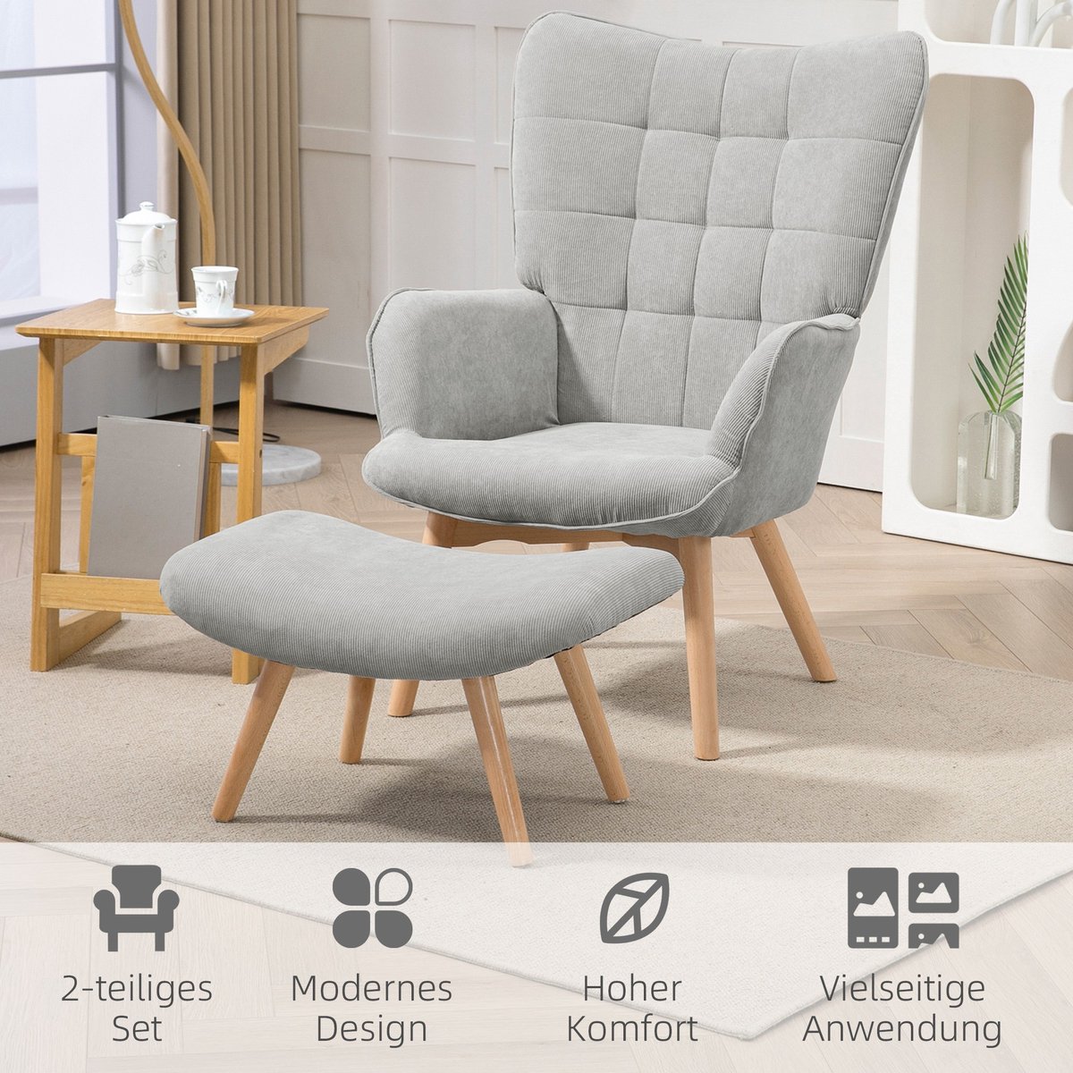 YYchan fauteuil met voetenbank - grijs - 80 x 72 x 101 cm