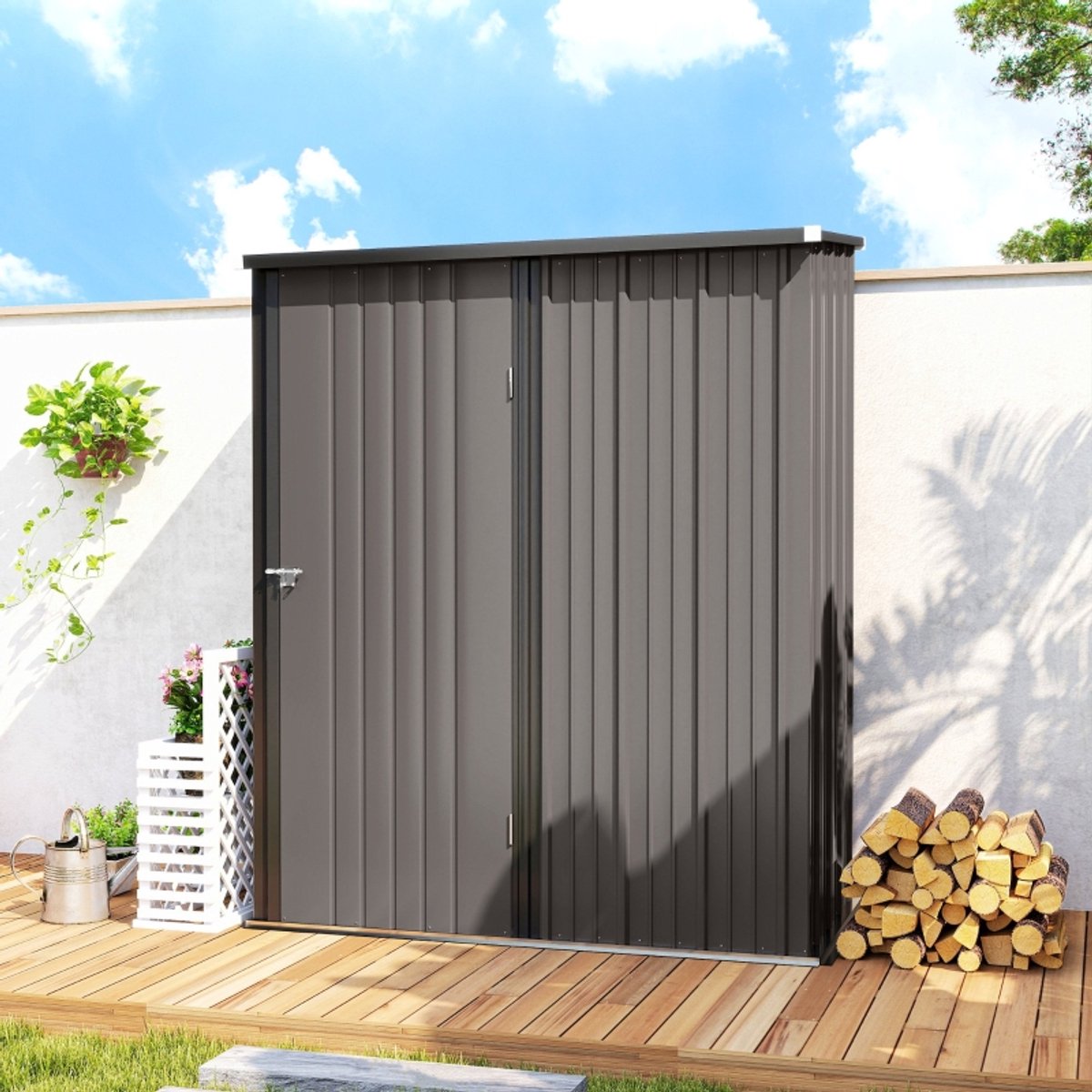 Tuinhuis – Tuinschuur en Deur – Opbergruimte voor Tuingereedschap – Zwart – Voor Tuin en Buiten – Weerbestendig – Bodemframe – Metalen Tuinhuis