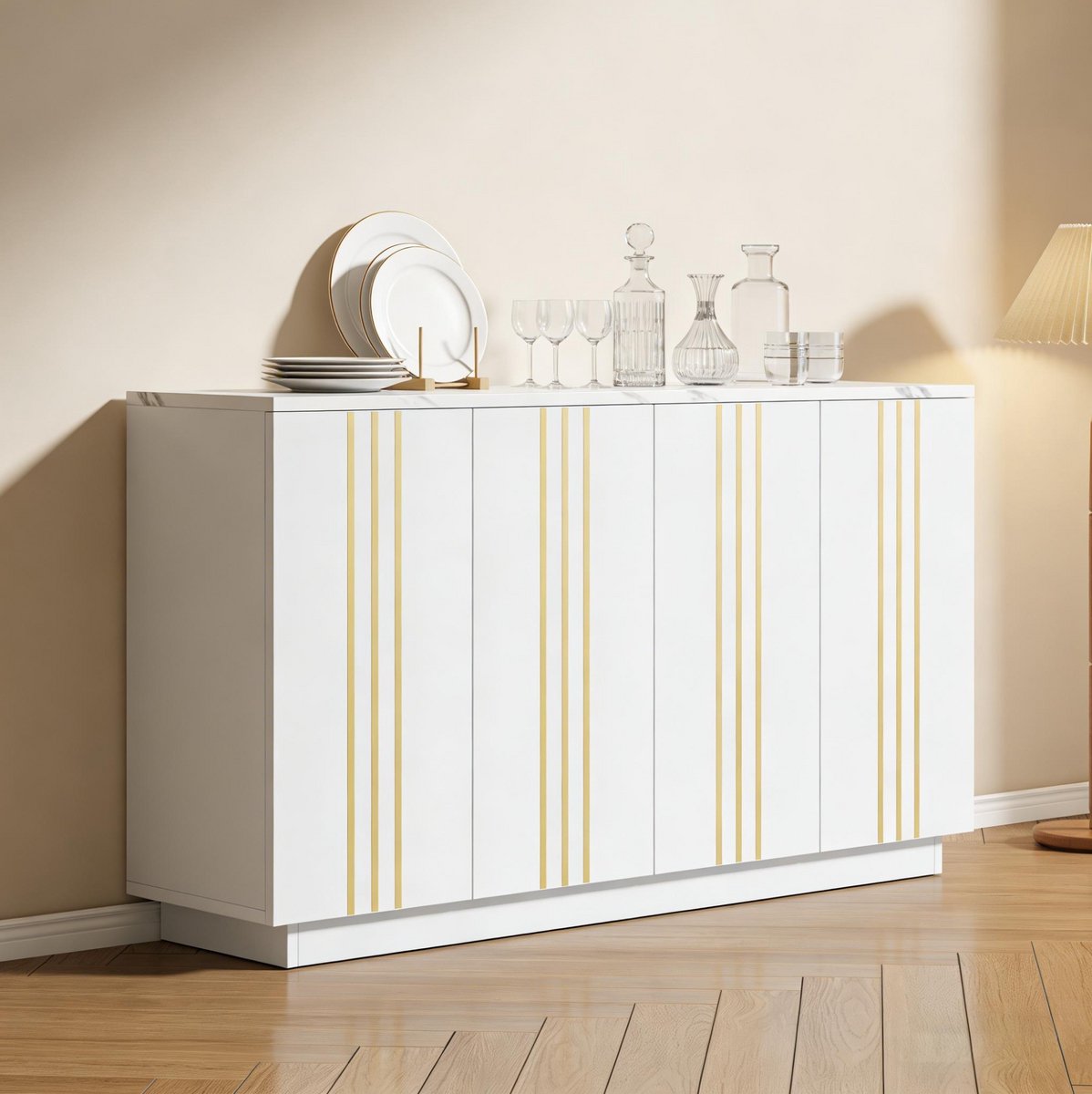COVREO Dressoir 140 x 35 x 70 cm - 4 deuren, verstelbare indeling, wit en goud