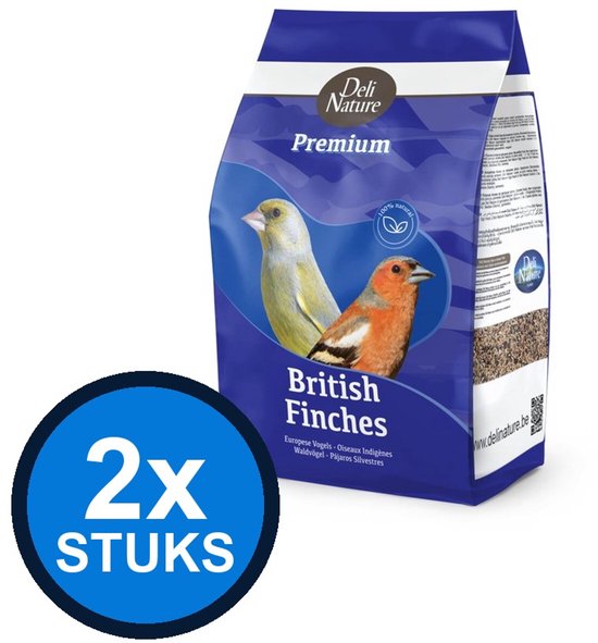Deli Nature Premium British Finches vogelvoer met afbeelding van een gele en een oranje vink. 2x stuks.