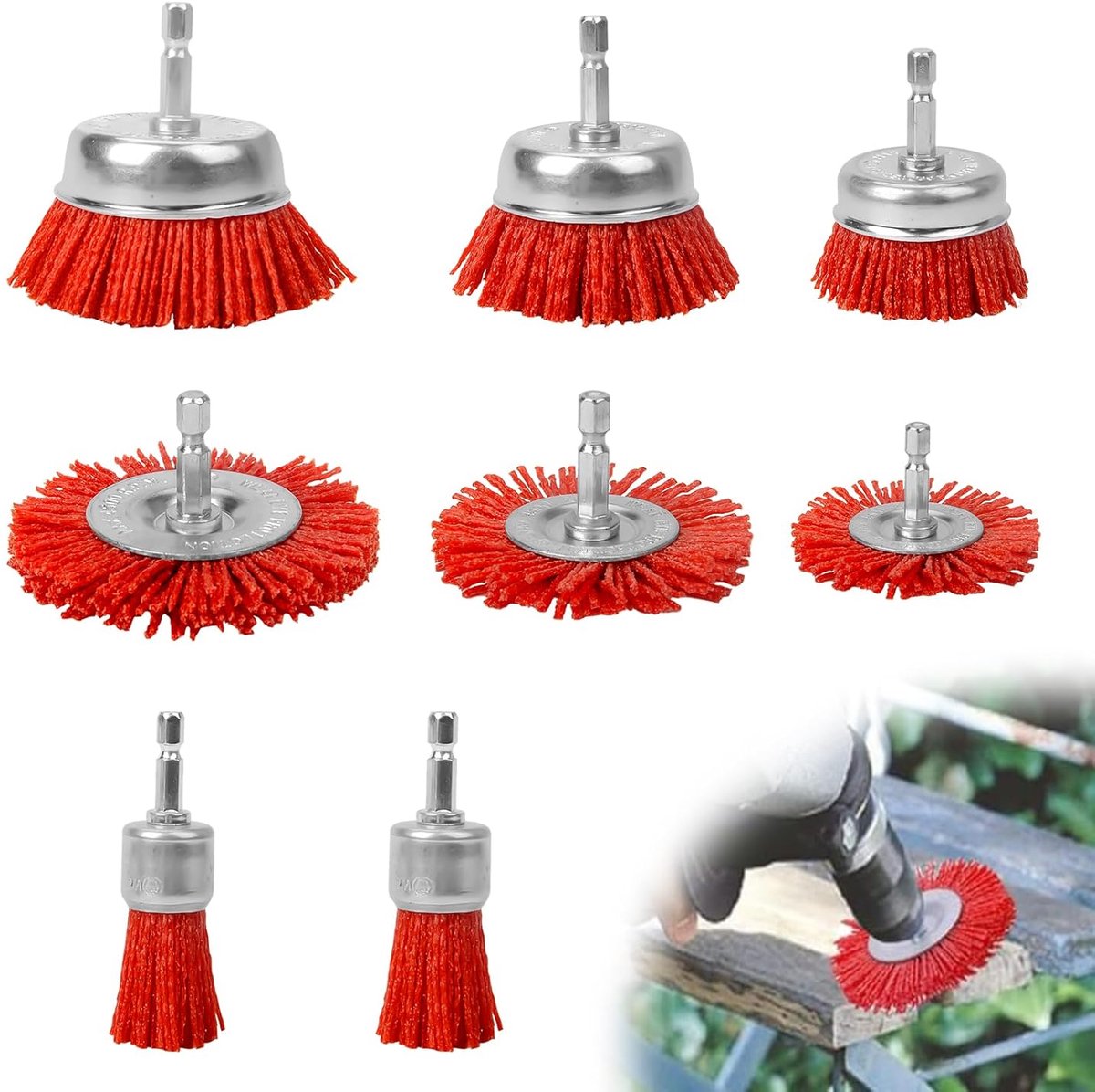 Thijox - Set van 8 Nylon Borstels met 1/4 Inch Zeskantschacht - Schuurborstels voor Boormachine - Ideaal voor Verwijderen van Roest, Verf en Slijpen