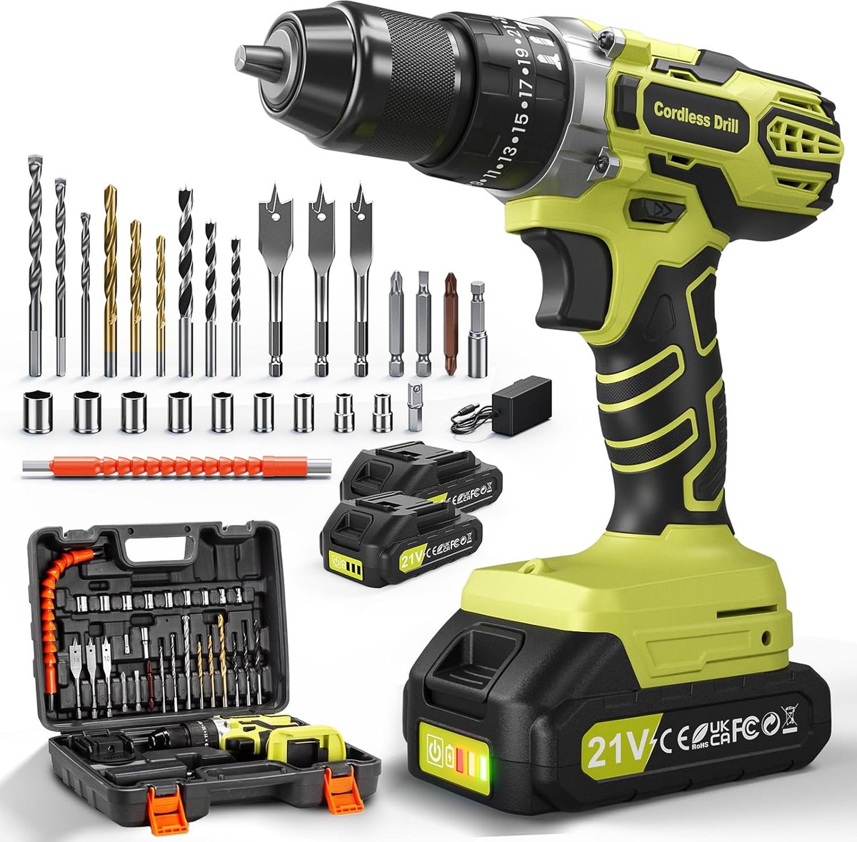 SnelShoppen - 21V Accuschroevendraaier, Accuboorschroevendraaier met 2 Accu's 2,0 Ah, 45 Nm, 25+3 Standen, 2 Versnellingen, LED-Licht, 10 mm Boorhoude