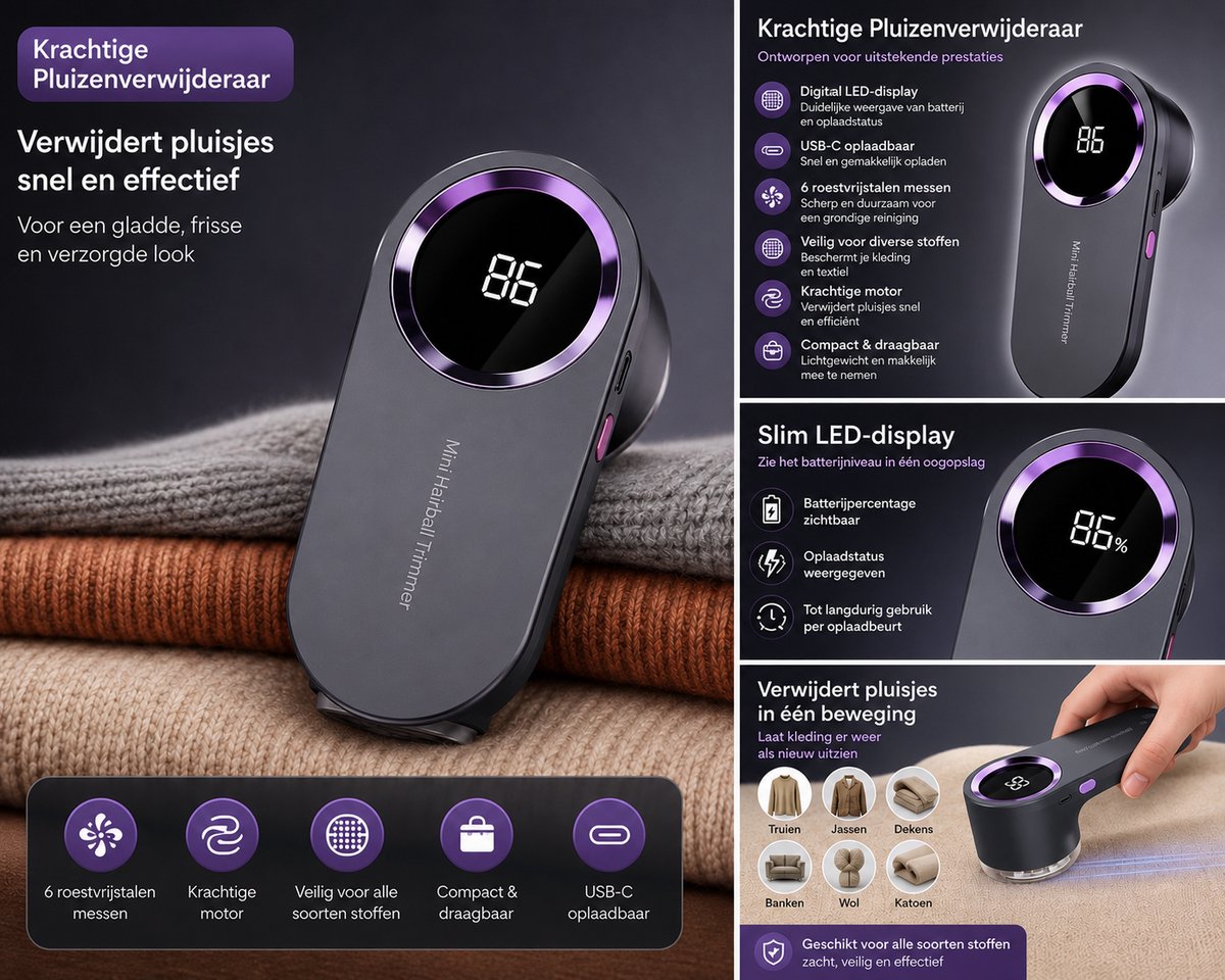 USB Oplaadbare Pluisverwijderaar – Digitale LED Lint Remover – Elektrisch Stoffenscheerapparaat voor Kleding en Truien