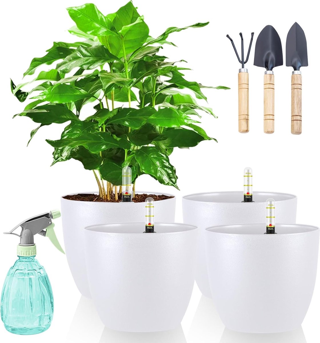 SnelShoppen - Self Watering Pot - Bloempot met Irrigatiesysteem, Waterindicator, Hydroponische Pot - Set van 4 - 18cm - Wit - Voor Binnen en Buiten