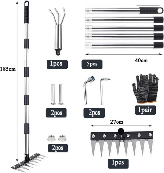 SnelShoppen - Long Handle Weed Topper 185 cm - Multifunctionele Tuinhark - RVS Onkruidhark met 8 Tanden - Tuinwerkzaamheden, Gras Onderhoud, Verstelba van Snelshoppen — afbeelding 5