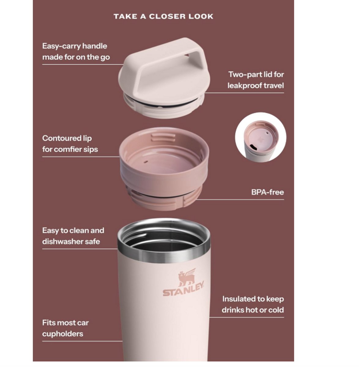 Stanley Café To Go Travel Mug 470 ml (Frost) – Lekvrije Thermosbeker met Drinkdeksel – RVS Geïsoleerde Koffiebeker – BPA-vrij – foto 4