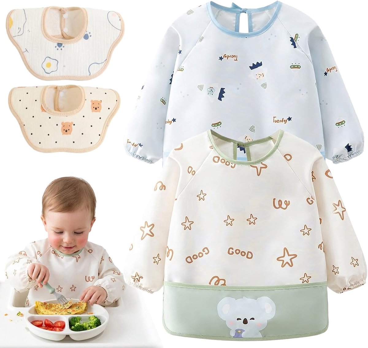 Babyslabbetjes met Mouwen - Waterdichte Slabbetjes - Sneldrogend en Machinewasbaar - SnelShoppen