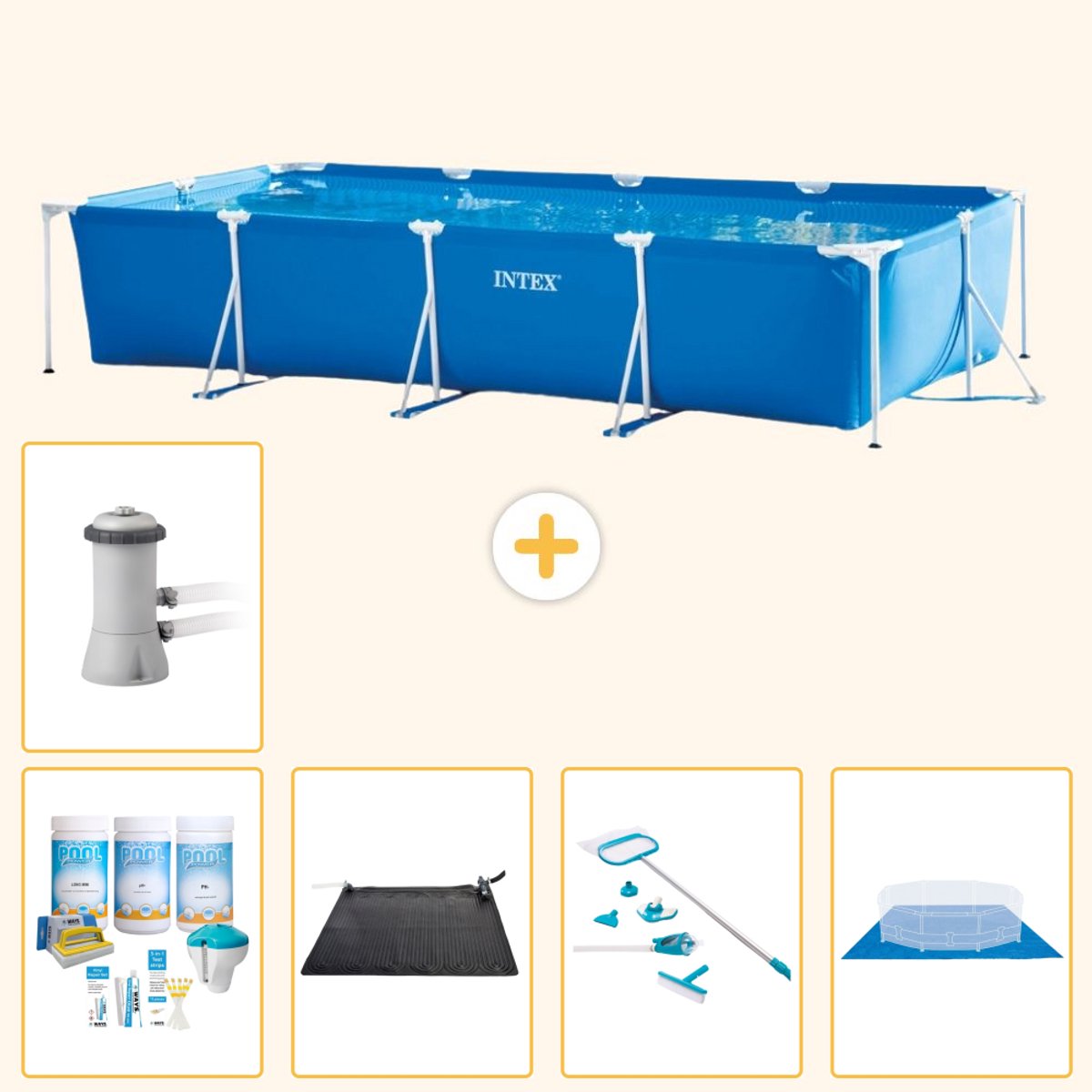 Intex Rechthoekig Frame Zwembad - 450 x 220 x 84 cm - Blauw - Inclusief Onderhoudspakket - Solar Mat - Schoonmaakset - Grondzeil - Zwembadfilterpomp - 6-delig