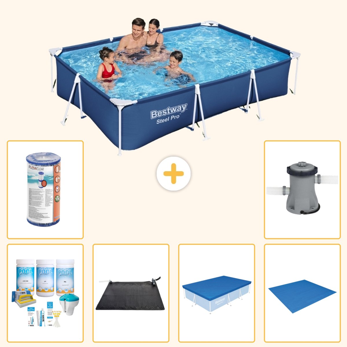 Bestway Rechthoekig Steel Pro Zwembad - 300 x 201 x 66 cm - Blauw - Inclusief Onderhoudspakket - Solar Mat - Afdekzeil - Grondzeil - Filter - Zwembadfilterpomp - 7-delig