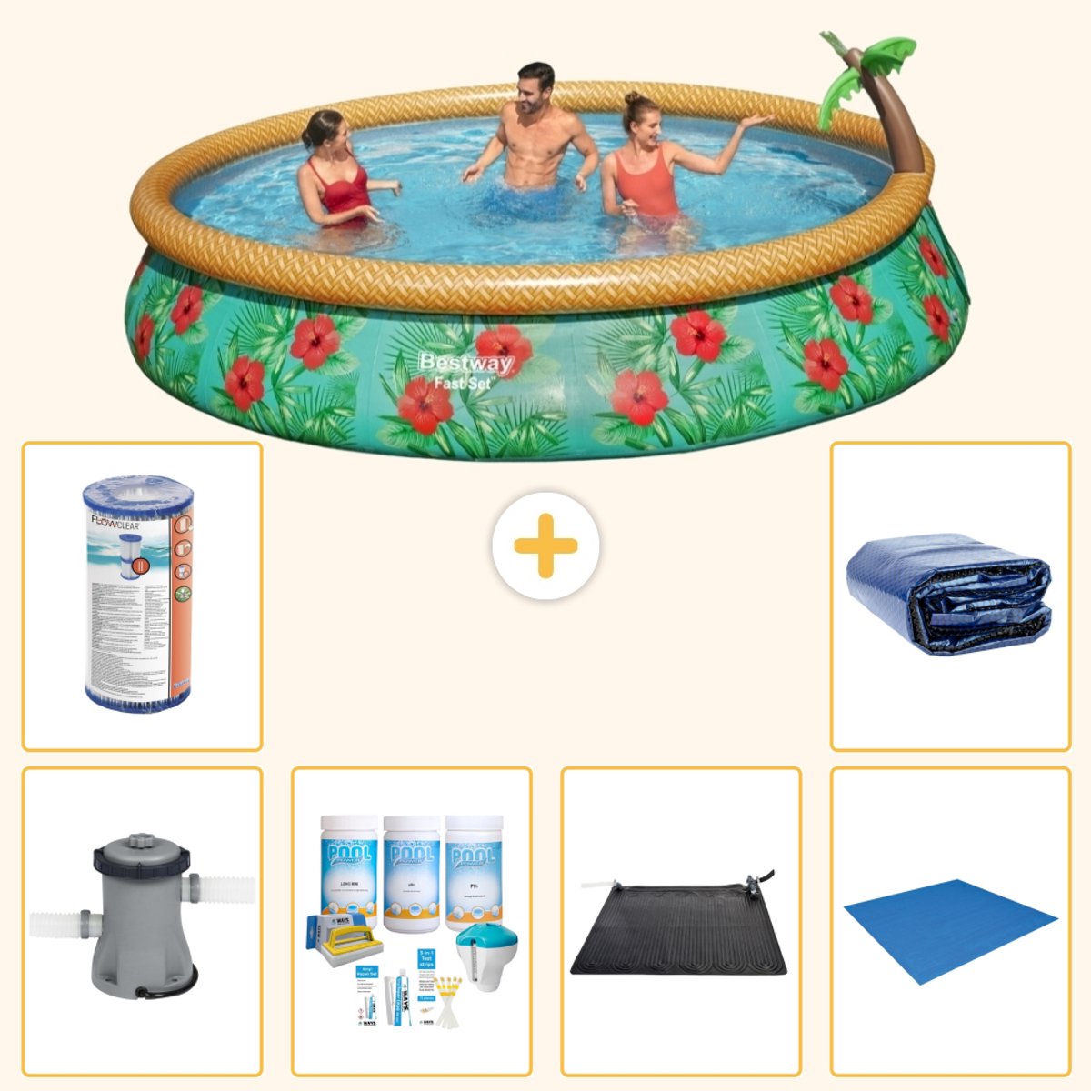 Bestway Rond Opblaasbaar Fast Set Zwembad - Paradijsprint - 457 x 84 cm - Inclusief Pomp - Onderhoudspakket - Solar Mat - Grondzeil - Filter - Solarzeil - 7-delig
