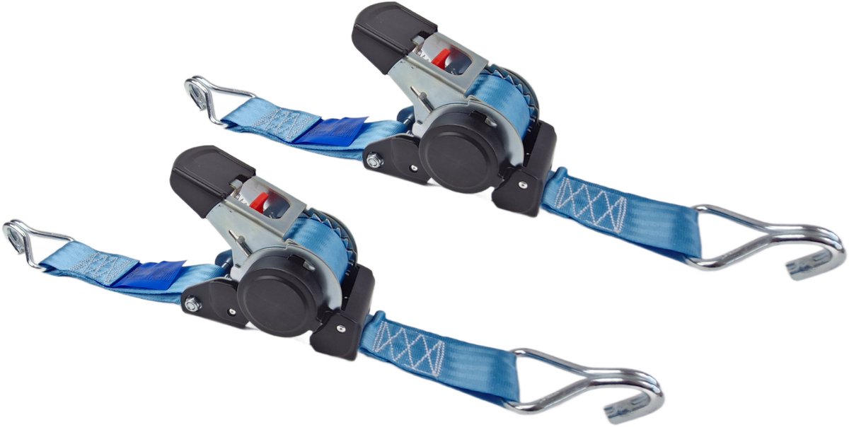 BCF-Products Automatische spanband - met Punthaken - 4.5 meter - Blauw - 2 stuks - Zelfoprollend - 50mm