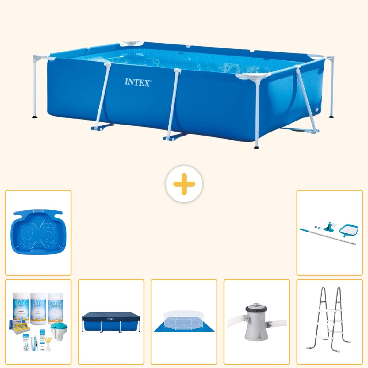 Intex Rechthoekig Frame Zwembad – 260 x 160 x 65 cm – Blauw – Inclusief Onderhoudspakket – Afdekzeil – Grondzeil – Zwembadfilterpomp – Voetenbad – Ladder – Schoonmaakset – 8-delig