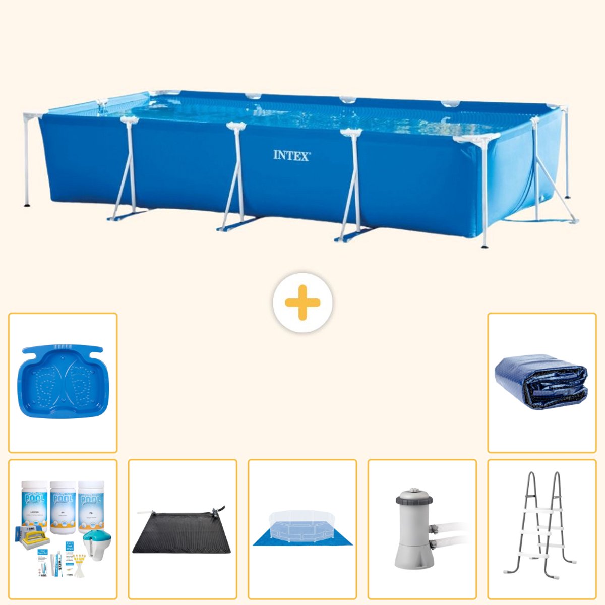 Intex Rechthoekig Frame Zwembad - 450 x 220 x 84 cm - Blauw - Inclusief Onderhoudspakket - Solar Mat - Grondzeil - Zwembadfilterpomp - Voetenbad - Ladder - Solarzeil - 8-delig
