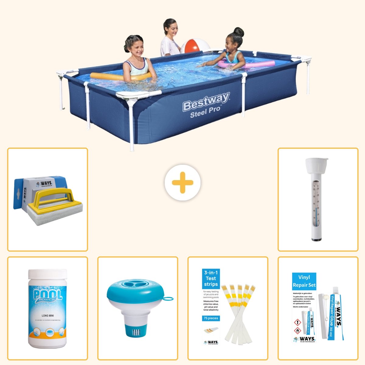 Bestway Rechthoekig Steel Pro Zwembad - 221 x 150 x 43 cm - Blauw - Inclusief Chloor - Chloordrijver - Testrips - Reparatiesetje - Scrubborstel - Thermometer - 7-delig