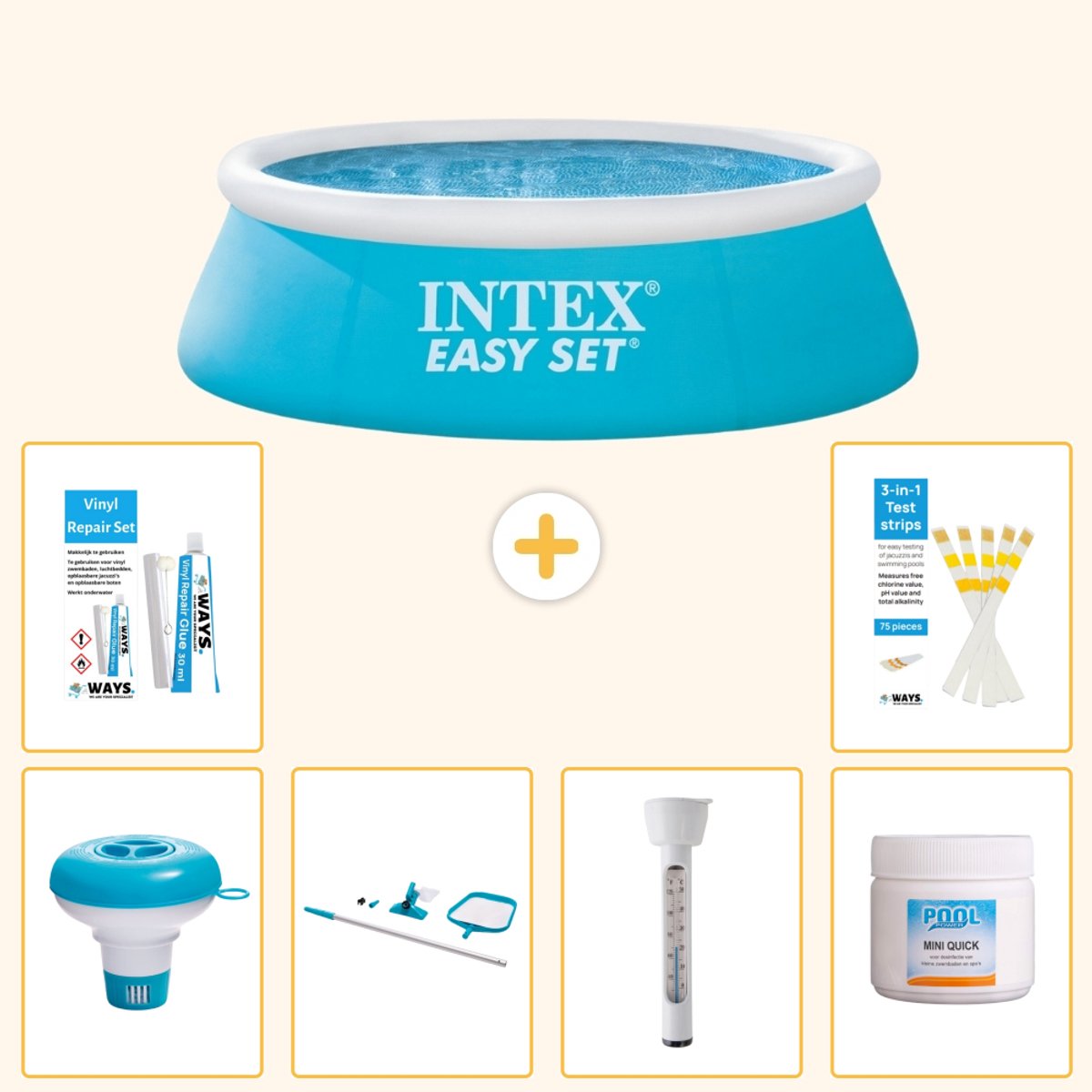 Intex Rond Opblaasbaar Easy Set Zwembad – 183 x 51 cm – Blauw – Inclusief Chloordrijver – Schoonmaakset – Thermometer – Chloor – Reparatiesetje – Testrips – 7-delig