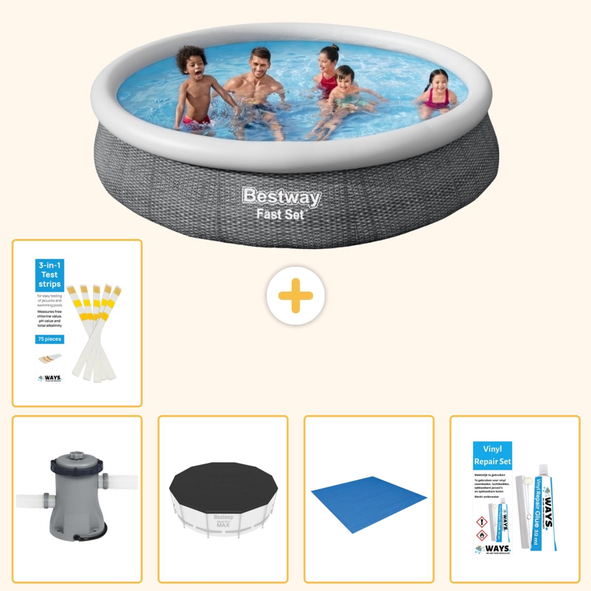 Bestway Rond Opblaasbaar Fast Set Zwembad - Rotanprint - 366 x 76 cm - Inclusief Pomp - Afdekzeil - Grondzeil - Reparatiesetje - Testrips - 6-delig