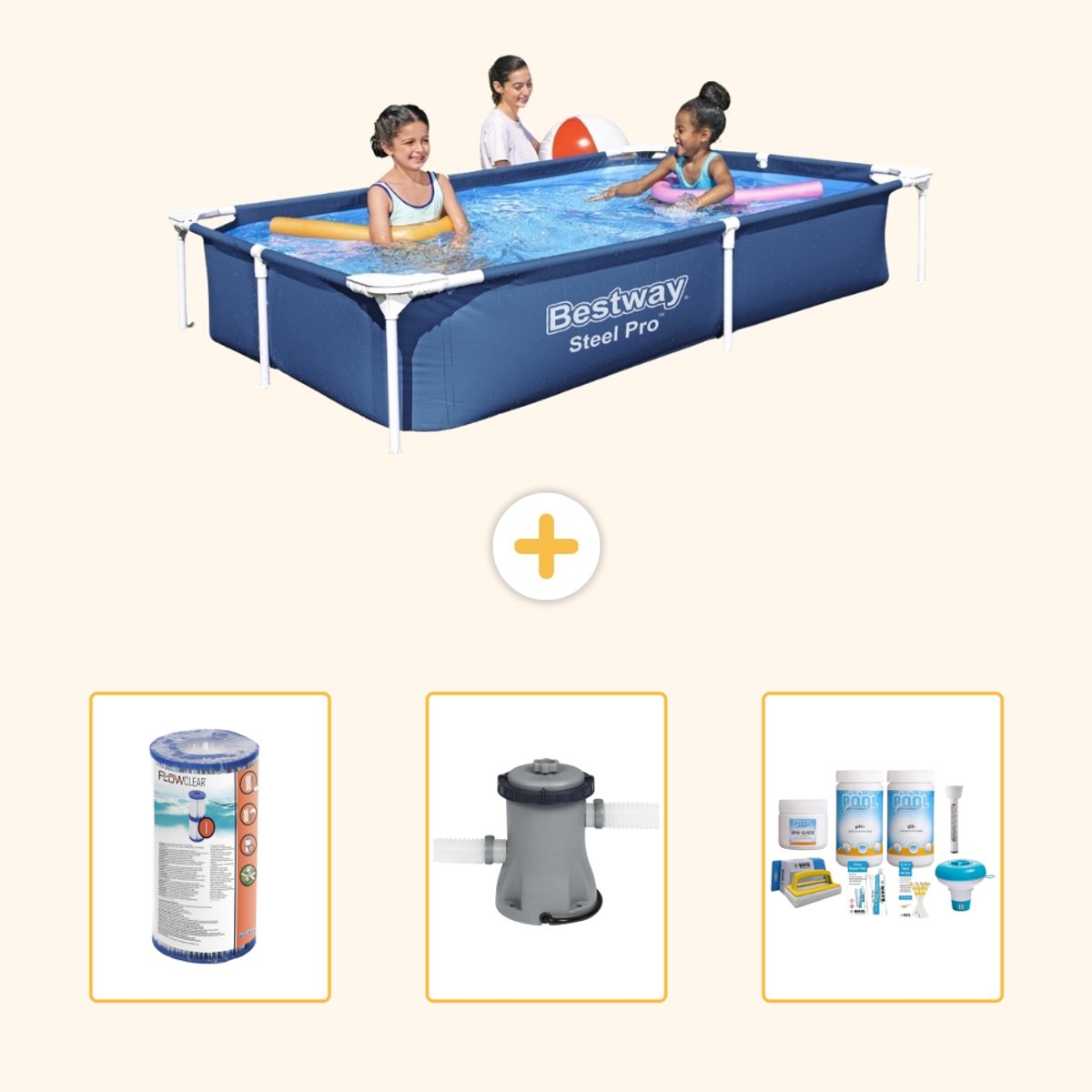 Bestway Rechthoekig Steel Pro Zwembad - 221 x 150 x 43 cm - Blauw - Inclusief Filter - Zwembadfilterpomp - Onderhoudspakket - 4-delig